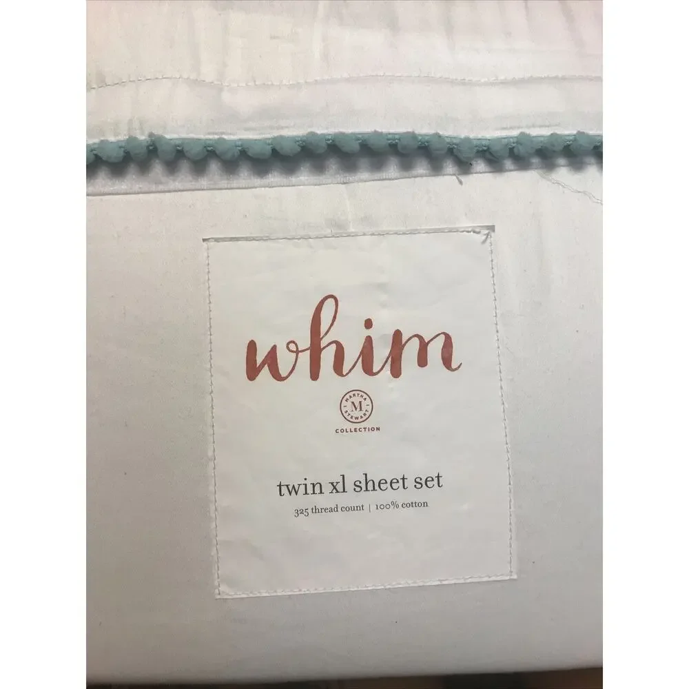 Whim by Martha Stewart TWIN XL Sheet Set Solid Hem WHITE/POM BLUE D9Z107